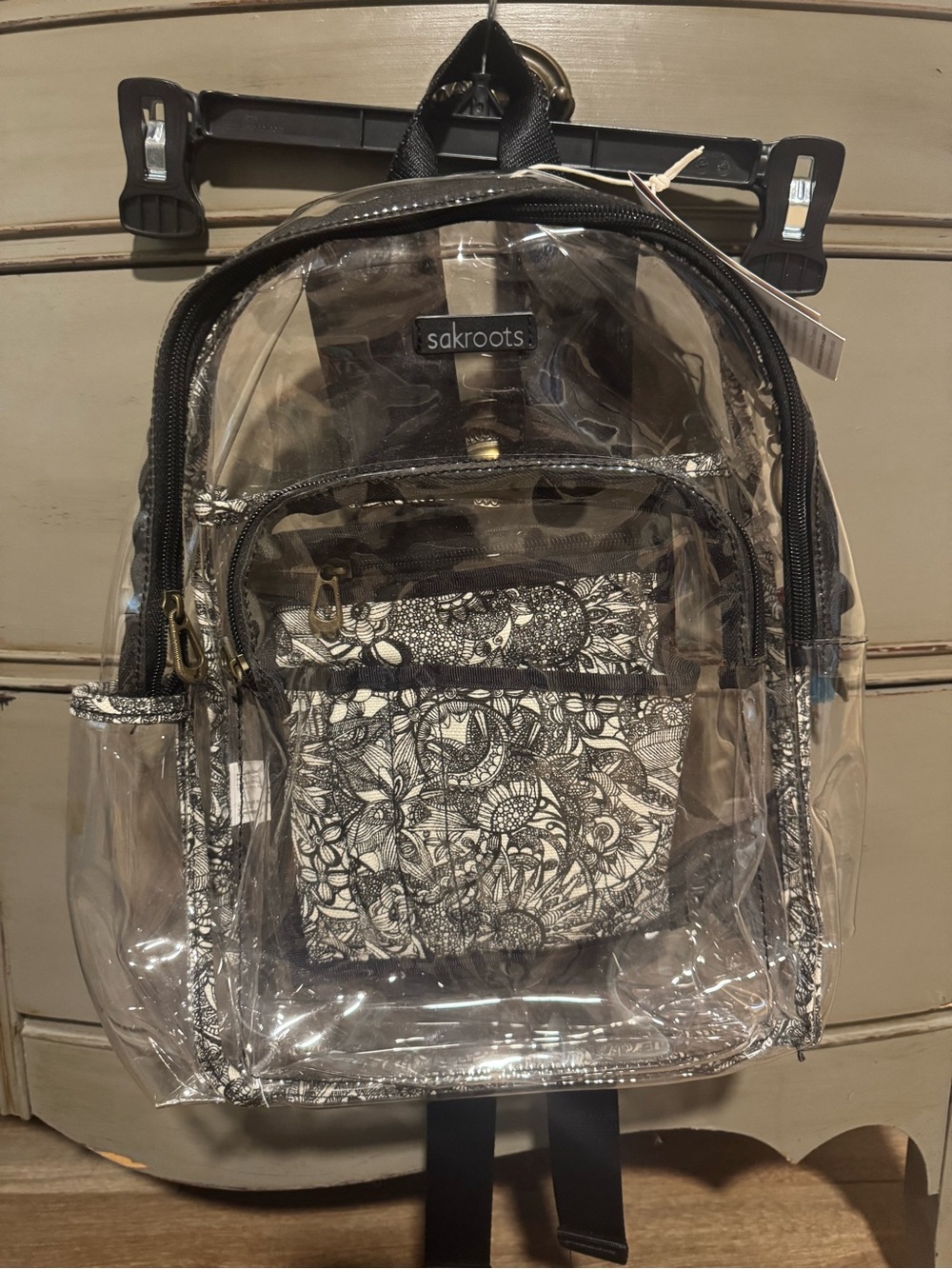 Sakroots Clear Backpack with Black & Cream Floral Pouch